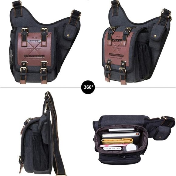 Mens Vintage Canvas Shoulder Messenger Bag Chest Leather Patchwork Messenger Bag - Picture 4 of 9